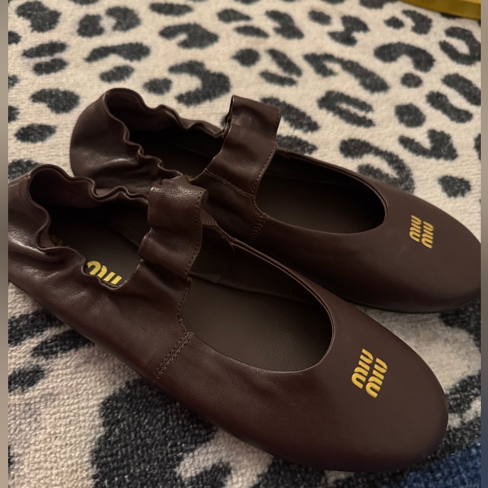 Miu Miu Ruches Nappa Brown Leather Ballet Flats Size 37